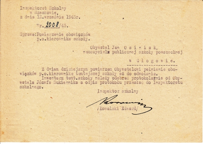 Powołanie na kierownika szkoły w 1945 r